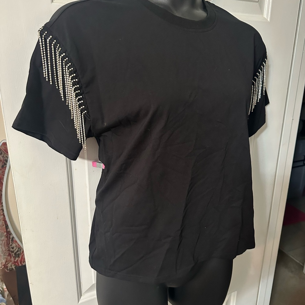 Black Short Sleeve Top with Silver Fringe Accent
